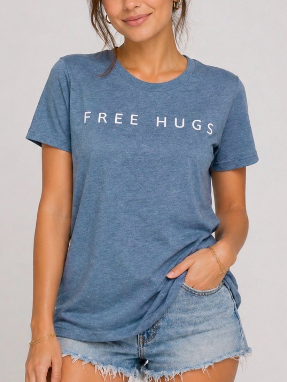 Steel blue Free Hugs long torso cap short sleeve Tee T-shirt SZ SM